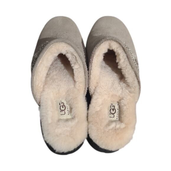 UGG Sovang Suede Sheepskin Mule Clogs Size 10 Tan Floral 2" Heel - Picture 4 of 7